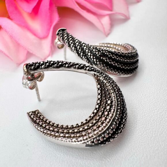 Tested Silver Twisted Hoop Earrings Faux Marcasite Milgrain Cobbled 9.23 Grams - Picture 12 of 16